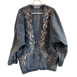 Vintage 80s Acid Wash Denim Jacket Sequin Rhinestone Western Puff Sleeve Glam 4X